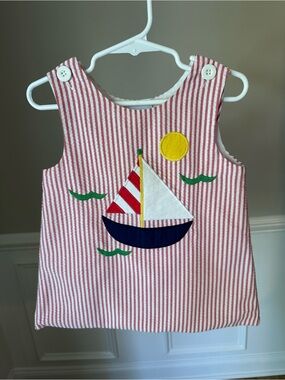 Kelly’s Kids Red Seersucker Stripe Sailboat Appliqué Jumper Dress size 2